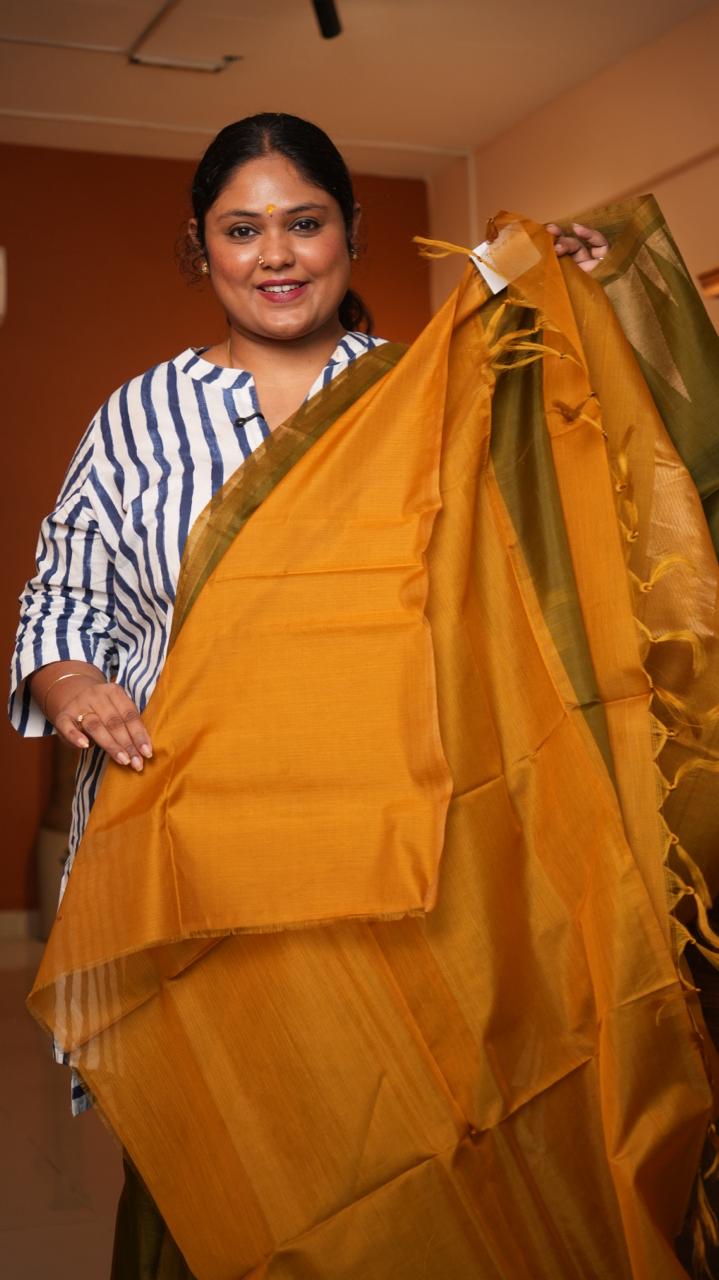 Kora silk cotton Gopuram border Saree -04-08-04-02 (LODEN OCHRE)