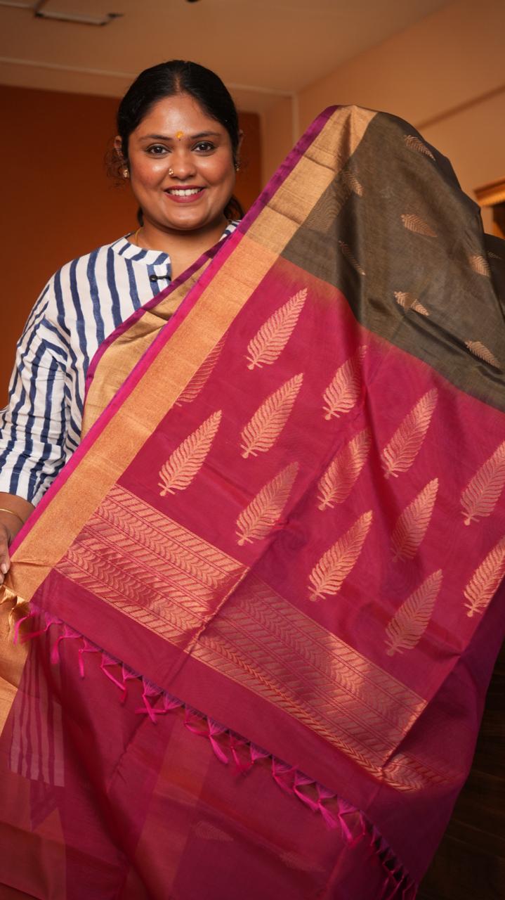 Kora silk cotton small butti Saree -04-08-02-03 (CUCKOO RUBY)