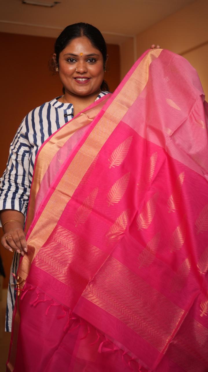 Kora silk cotton small butti Saree -04-08-02-01 (ROSEFINCH TOURMALINE)