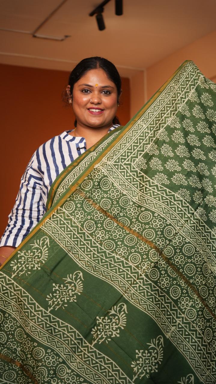 Chanderi Hand Block printed Saree -51-08-01-17 ()