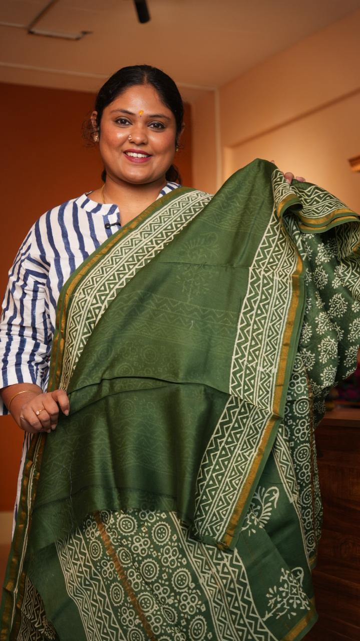 Chanderi Hand Block printed Saree -51-08-01-17 ()
