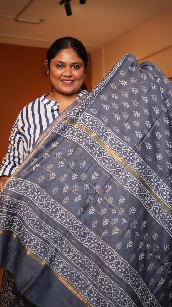 Chanderi Hand Block printed Saree -51-08-01-28 ()
