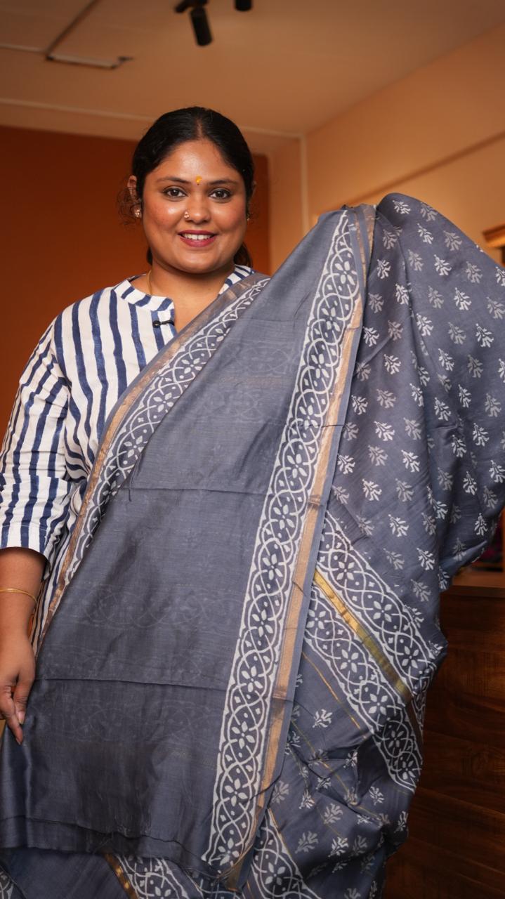 Chanderi Hand Block printed Saree -51-08-01-28 ()