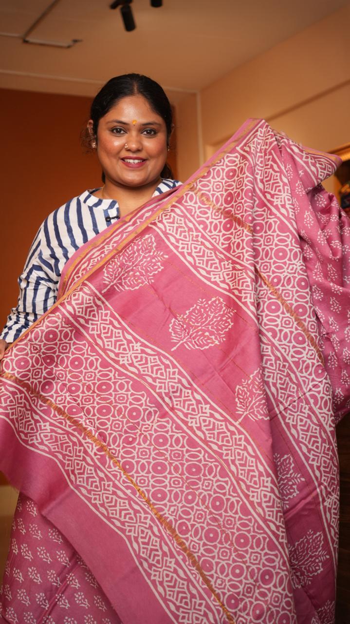 Chanderi Hand Block printed Saree -51-08-01-23 ()