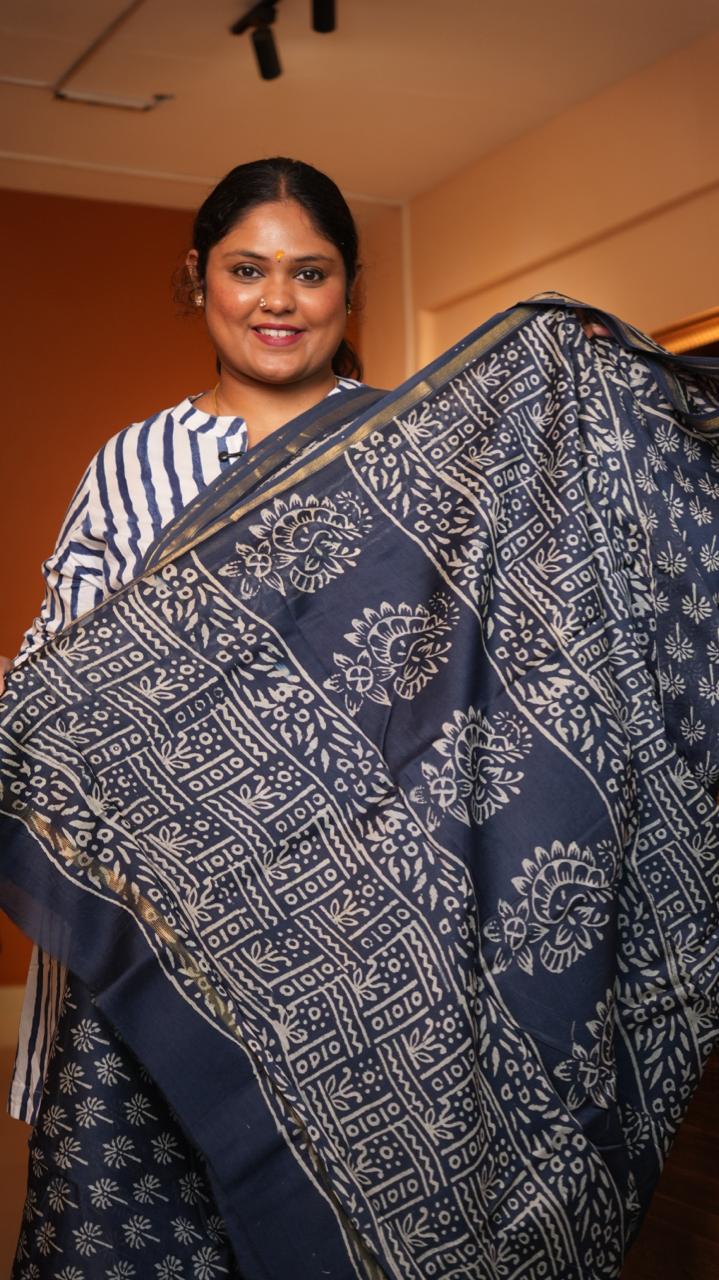 Chanderi Hand Block printed Saree -51-08-01-31 ()