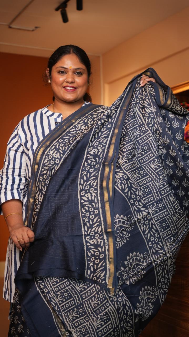 Chanderi Hand Block printed Saree -51-08-01-31 ()