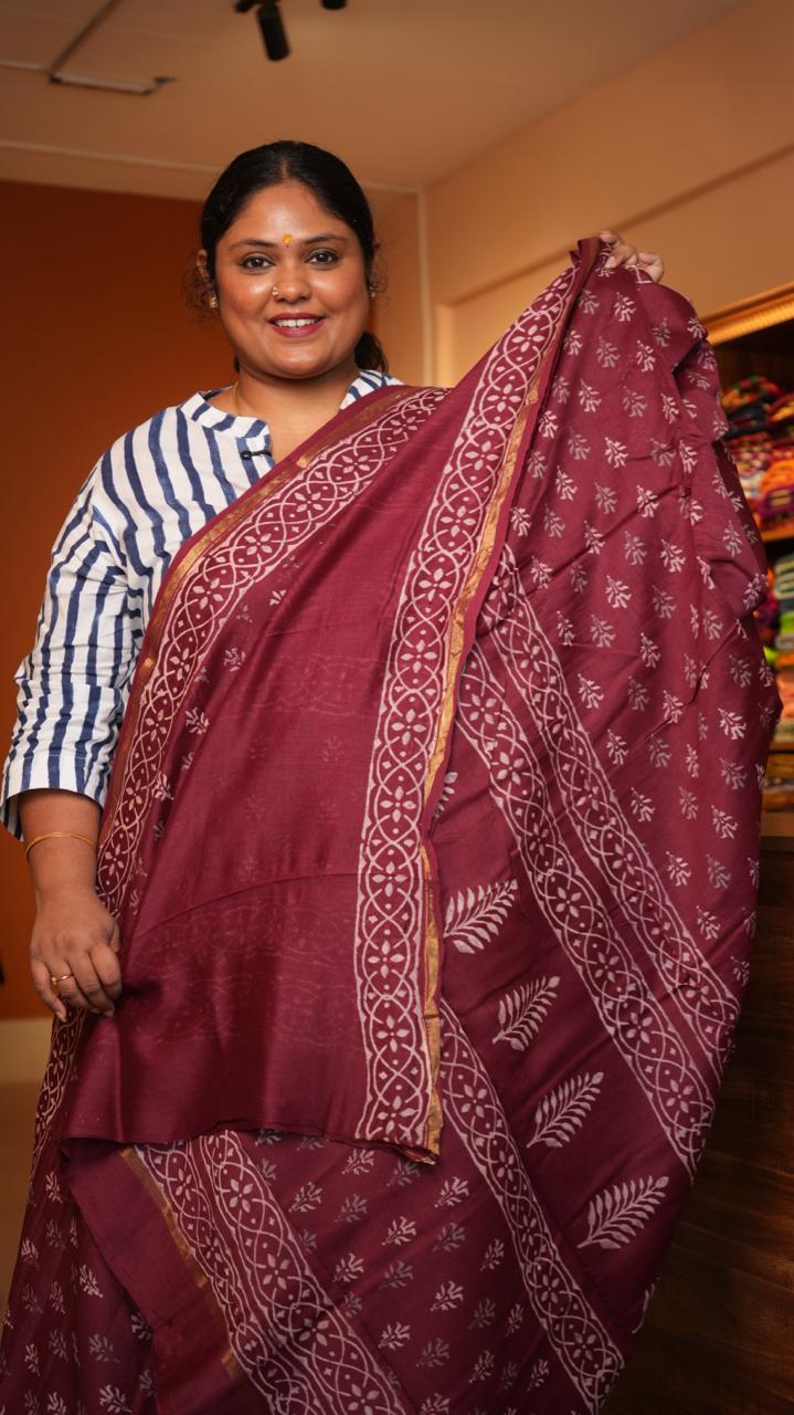 Chanderi Hand Block printed Saree -51-08-01-16 ()