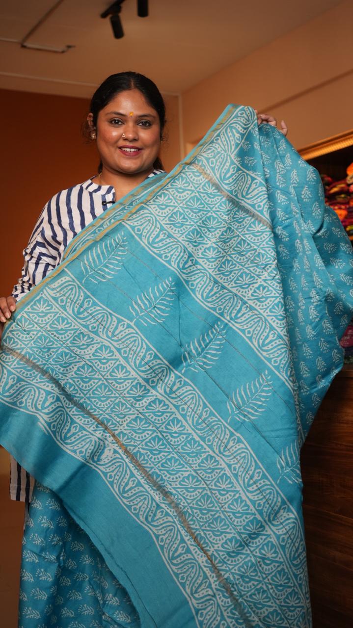 Chanderi Hand Block printed Saree -51-08-01-14 ( FJORD )