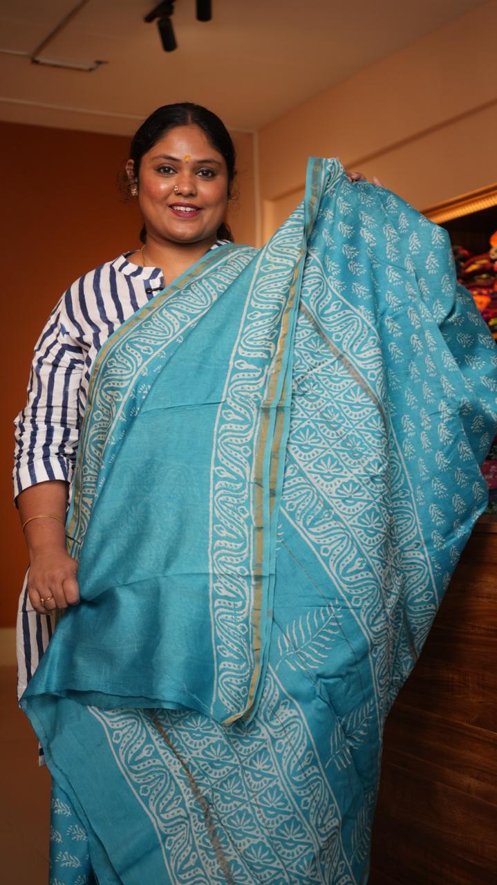 Chanderi Hand Block printed Saree -51-08-01-14 ( FJORD )