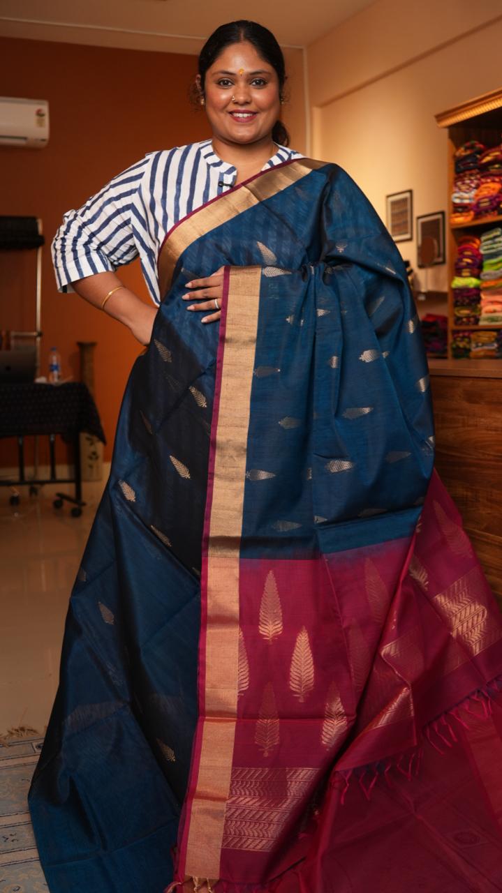Kora silk cotton small butti Saree -04-08-02-02 (PEACOCK RUBY)