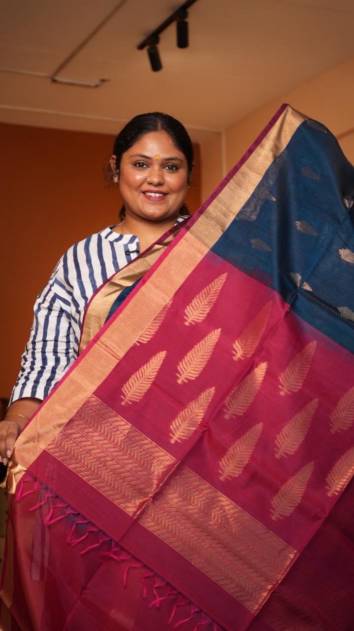 Kora silk cotton small butti Saree -04-08-02-02 (PEACOCK RUBY)