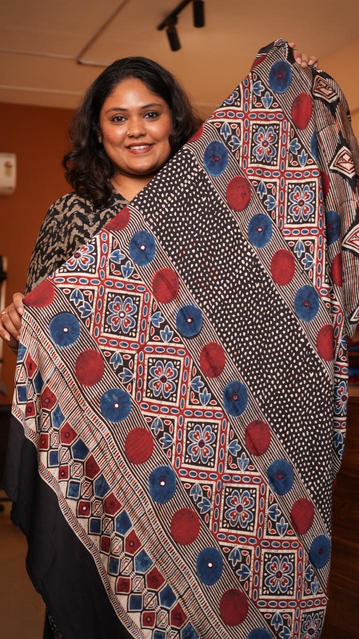 Ajrakh Modal Silk with Mirror work Saree -46-09-01-09 (BADAMI)