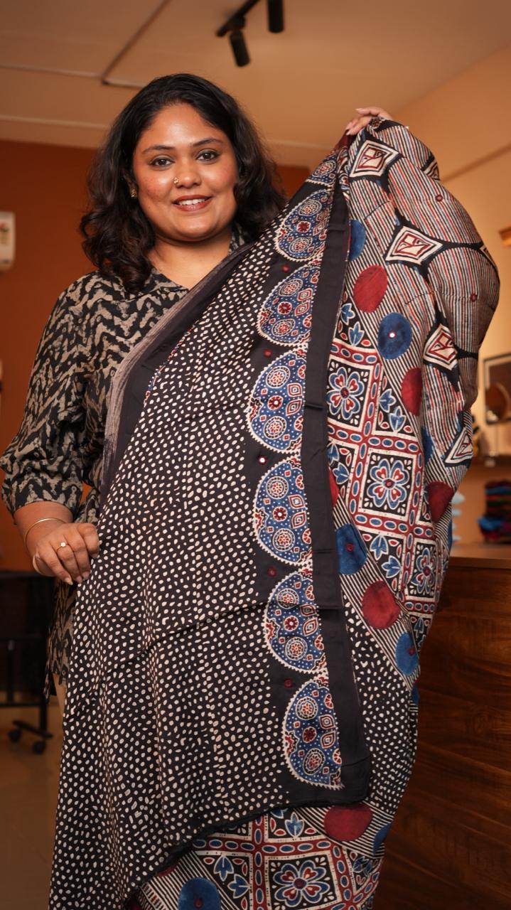 Ajrakh Modal Silk with Mirror work Saree -46-09-01-09 (BADAMI)
