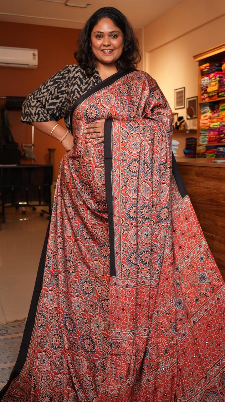 Ajrakh Modal Silk with Mirror work Saree -46-09-01-02 (SURKH)