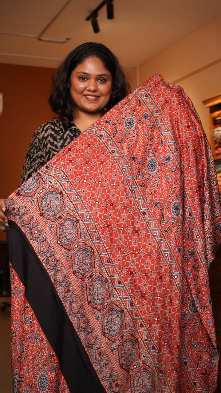 Ajrakh Modal Silk with Mirror work Saree -46-09-01-02 (SURKH)