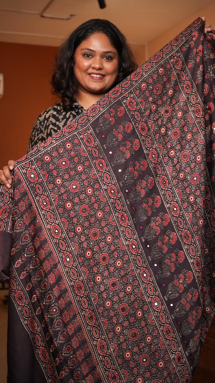 Ajrakh Modal Silk with Mirror work Saree -46-09-01-07 (AALTA)