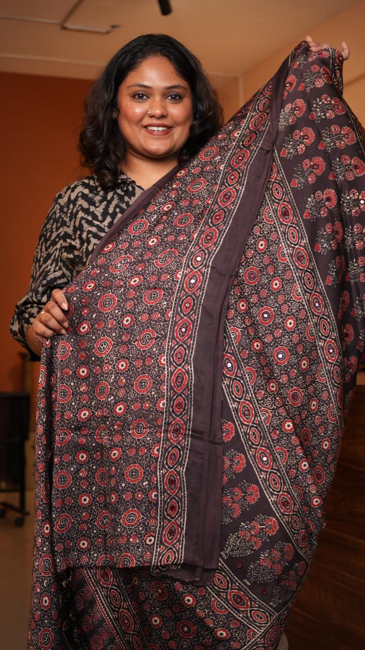Ajrakh Modal Silk with Mirror work Saree -46-09-01-07 (AALTA)