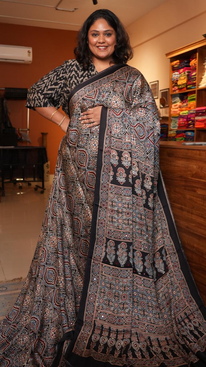 Ajrakh Modal Silk with Mirror work Saree -46-09-01-03 (KAAJAL)