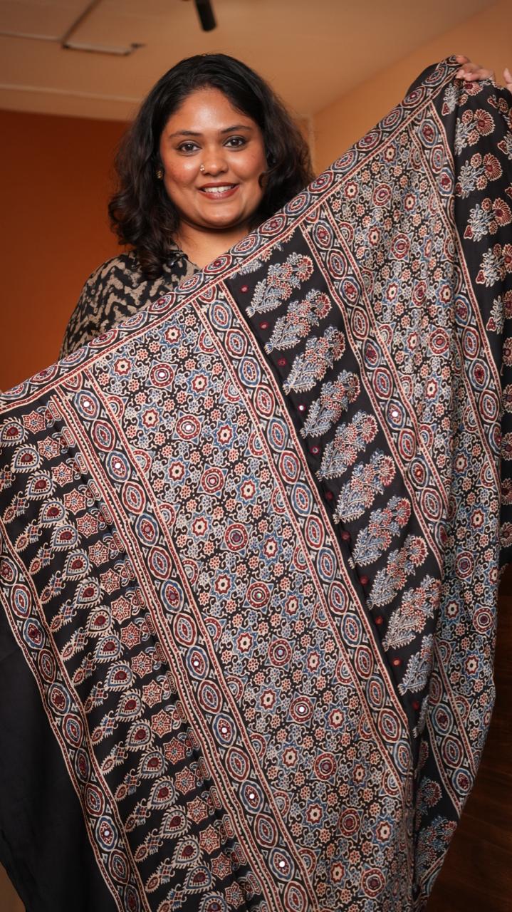 Ajrakh Modal Silk with Mirror work Saree -46-09-01-03 (KAAJAL)