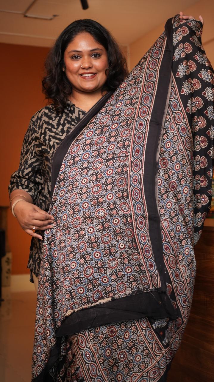 Ajrakh Modal Silk with Mirror work Saree -46-09-01-03 (KAAJAL)