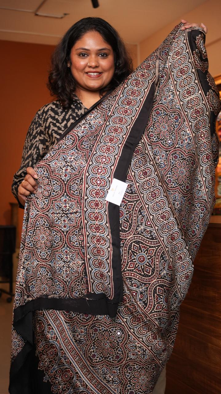 Ajrakh Modal Silk with Mirror work Saree -46-09-01-04 (SIYAH)