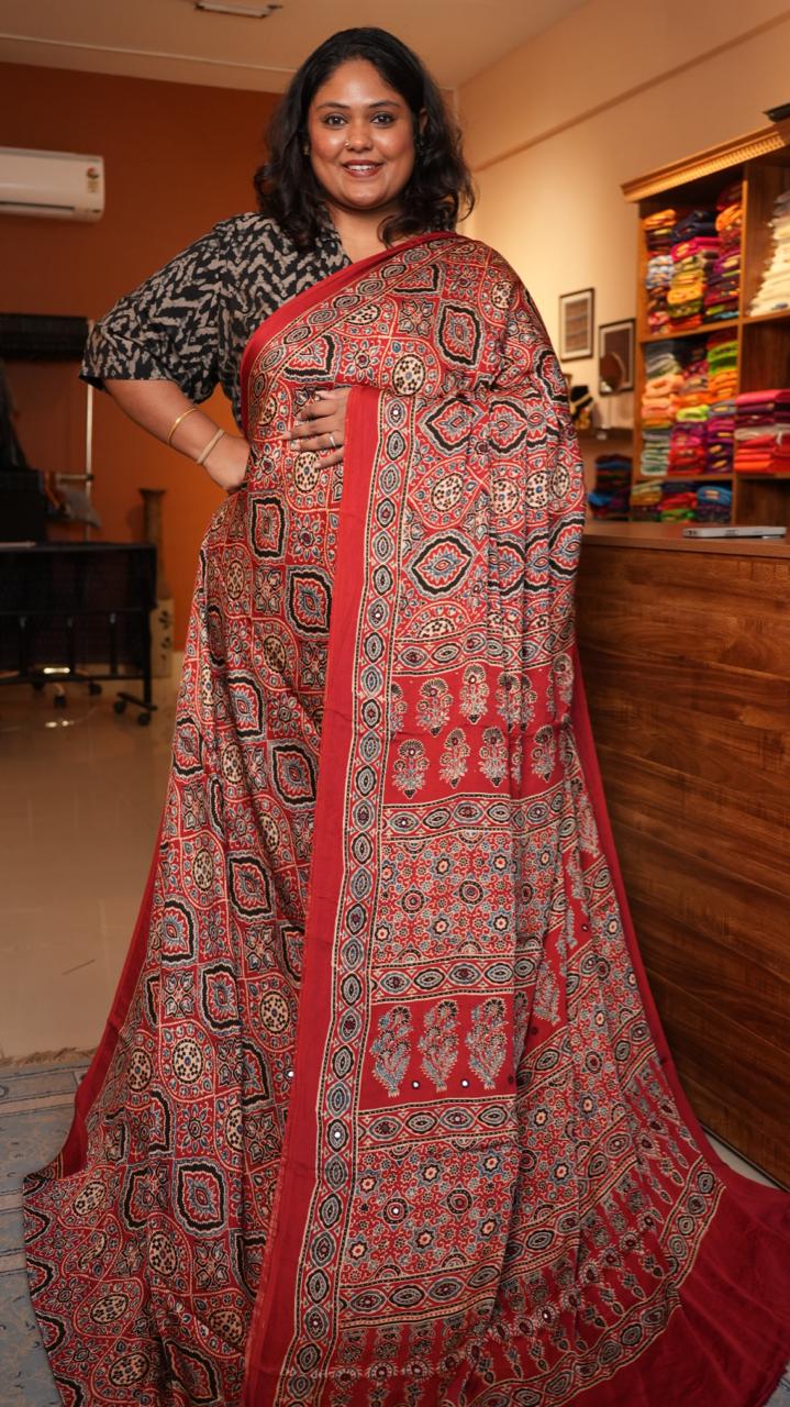 Ajrakh Modal Silk with Mirror work Saree -46-09-01-05 (LALIMA)