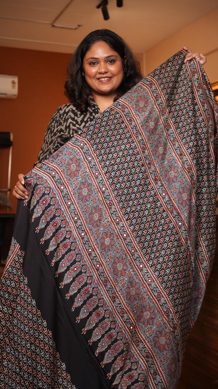 Ajrakh Modal Silk with Mirror work Saree -46-09-01-06 (KOYLA)