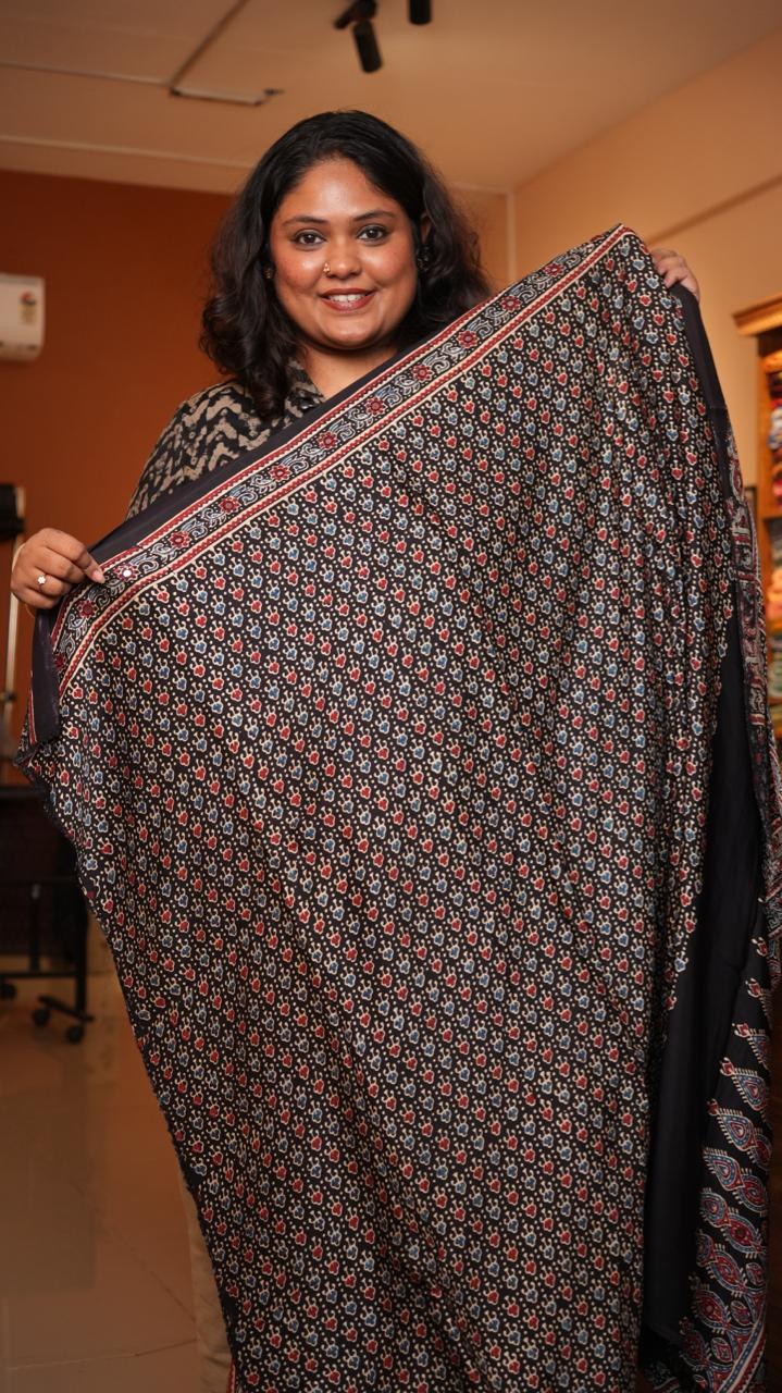 Ajrakh Modal Silk with Mirror work Saree -46-09-01-06 (KOYLA)