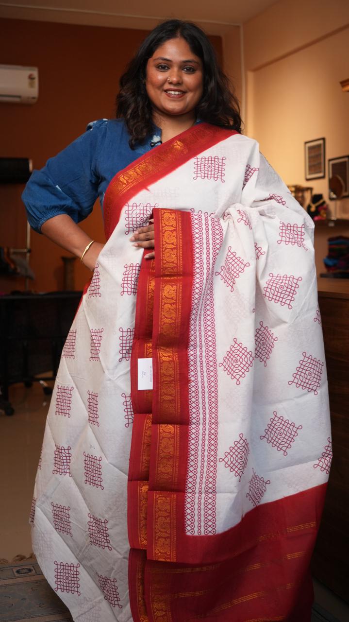 Madurai Cotton Small Border Kolam Saree - 11-05B-10-07 (POINSETTIA)