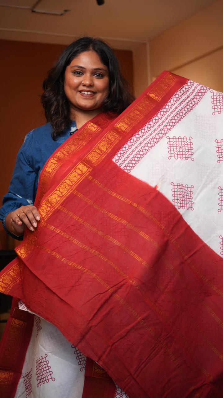 Madurai Cotton Small Border Kolam Saree - 11-05B-10-07 (POINSETTIA)