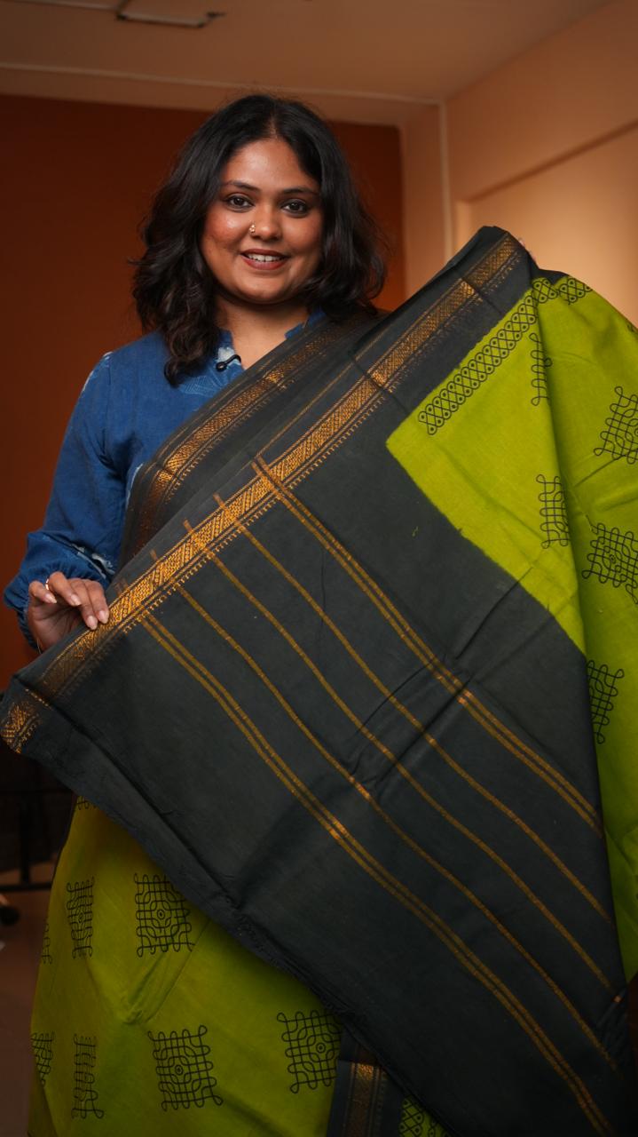 Madurai Cotton Small Border Kolam Saree - 11-04B-01-7Y-04 (GREEN ORCHID)