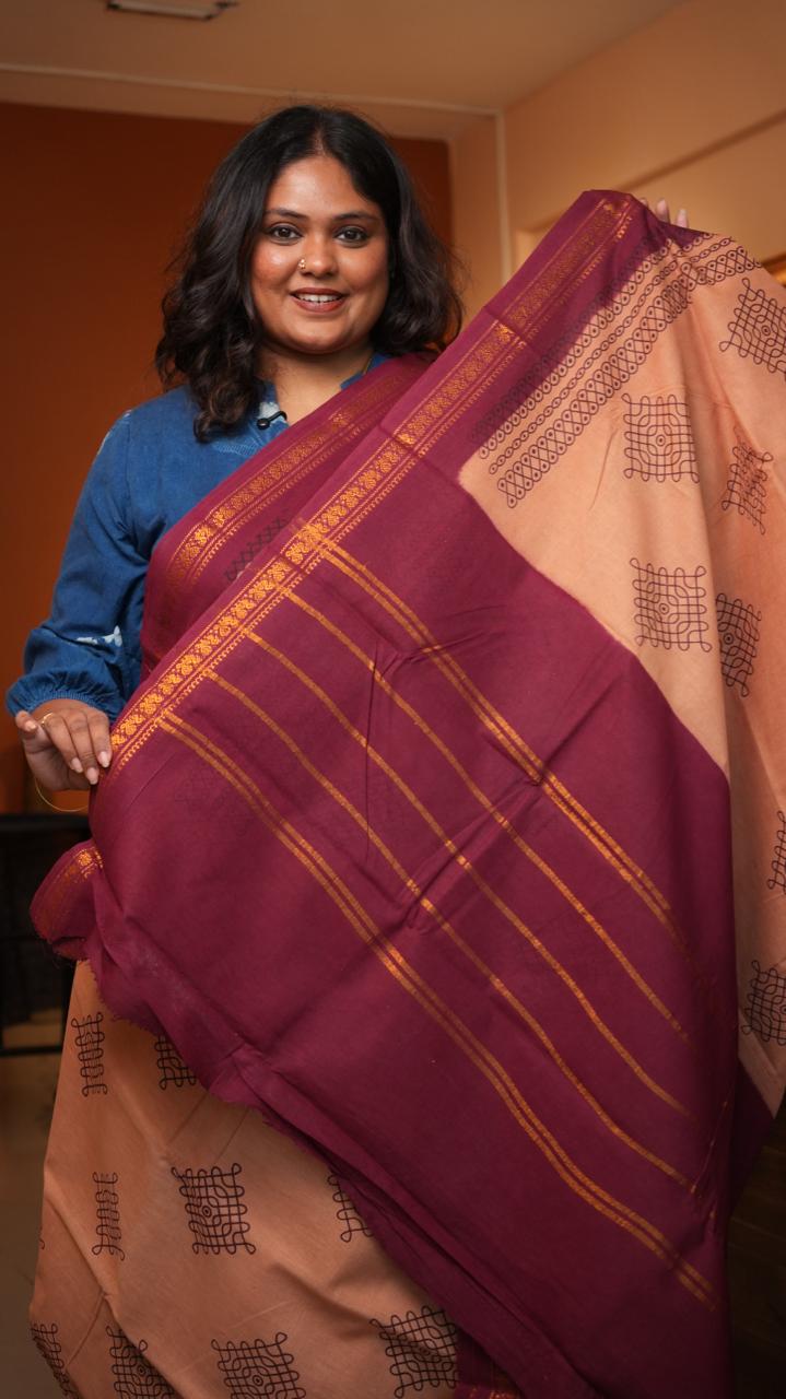 Madurai Cotton Small Border Kolam Saree - 11-04B-01-7Y-05 (DAHLIA)