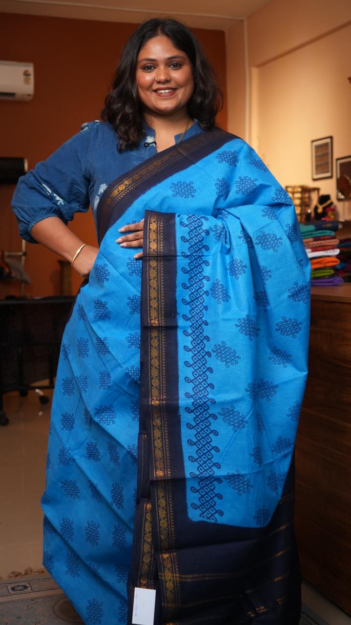 Madurai Cotton Small Border Kolam Saree - 11-05B-11-5.50-06 (DELPHINIUM)