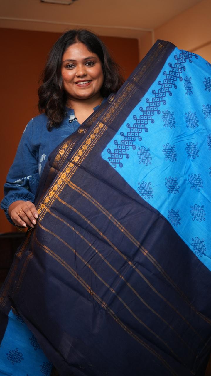 Madurai Cotton Small Border Kolam Saree - 11-05B-11-5.50-06 (DELPHINIUM)