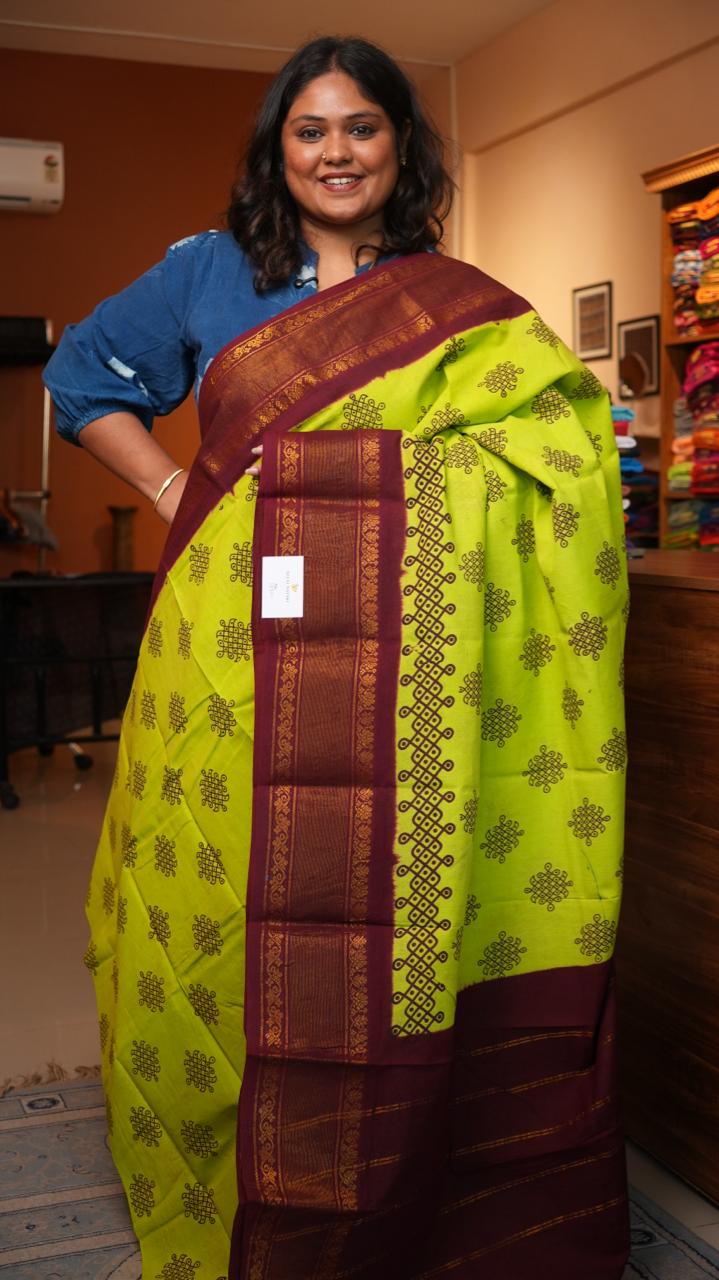 Madurai Cotton Big Border Saree -11-03-03-06Y-05 (LIME PUNCH)