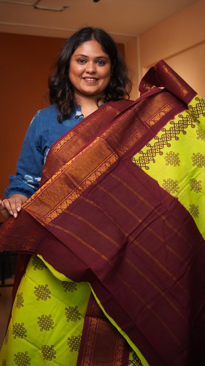Madurai Cotton Big Border Saree -11-03-03-06Y-05 (LIME PUNCH)