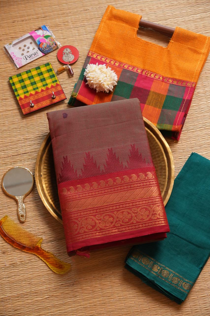 Kanchi Cotton Saree with Hamper -01-09-02-10 (CANYON)