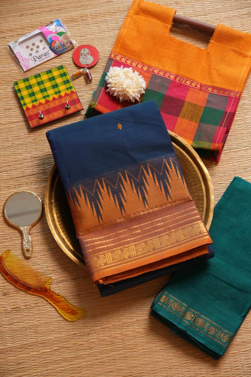 Kanchi Cotton Saree with Hamper -01-09-02-23 (BLUEJAY)