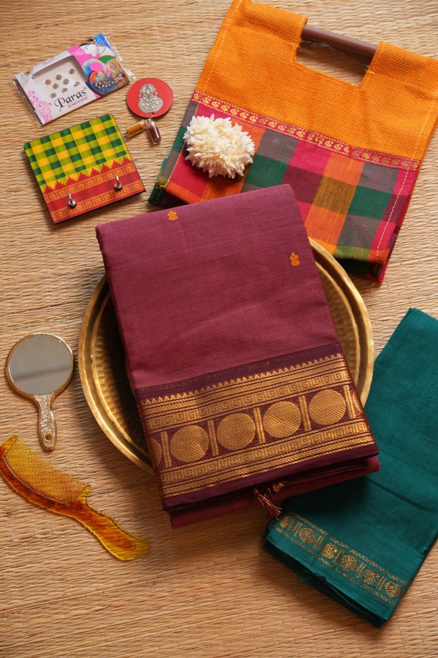 Kanchi Cotton Saree with Hamper -01-09-02-22 (MERLOT)