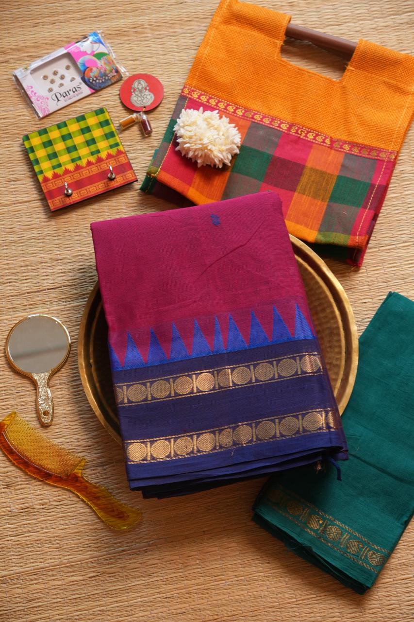 Kanchi Cotton Saree with Hamper -01-09-02-16 (BOYSENBERRY)