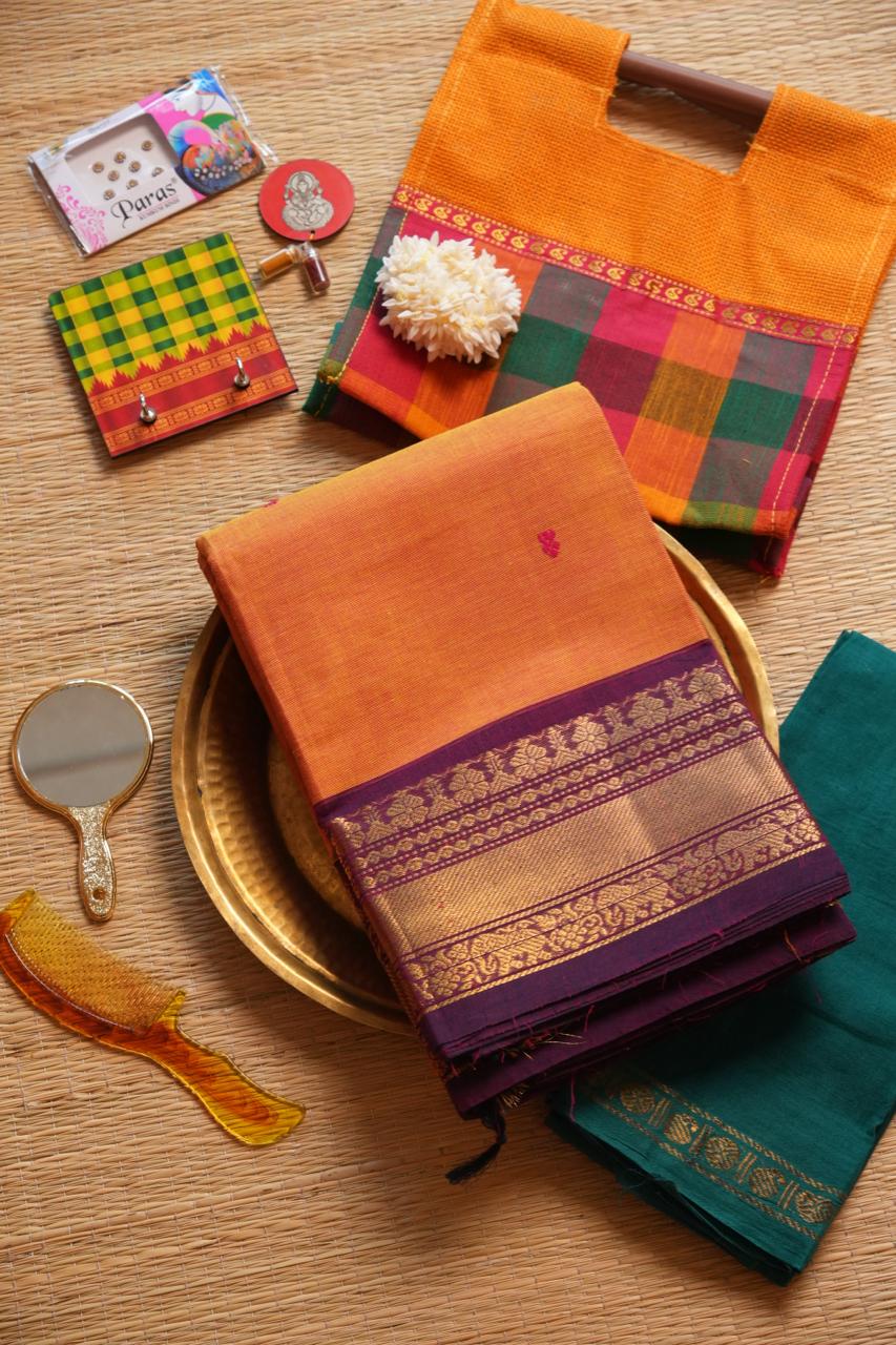 Kanchi Cotton Saree with Hamper -01-09-02-15(KUMQUAT)