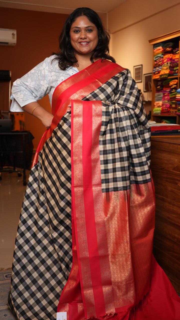 Kanchi Pattu Inspired Semi Silk Saree -01-09-12-02 (BISCUITS CHECK)