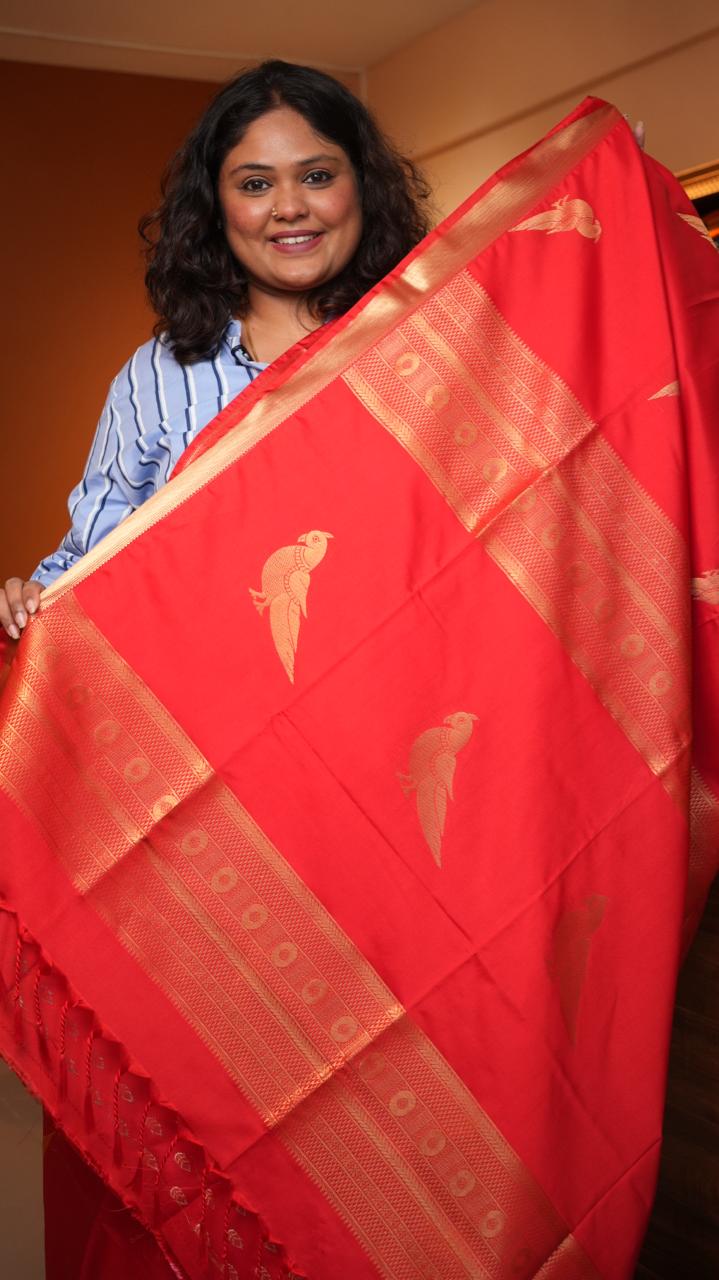 Kanchi Pattu Inspired Semi Silk Saree -01-09-11-01 (SCARLET GLOW)