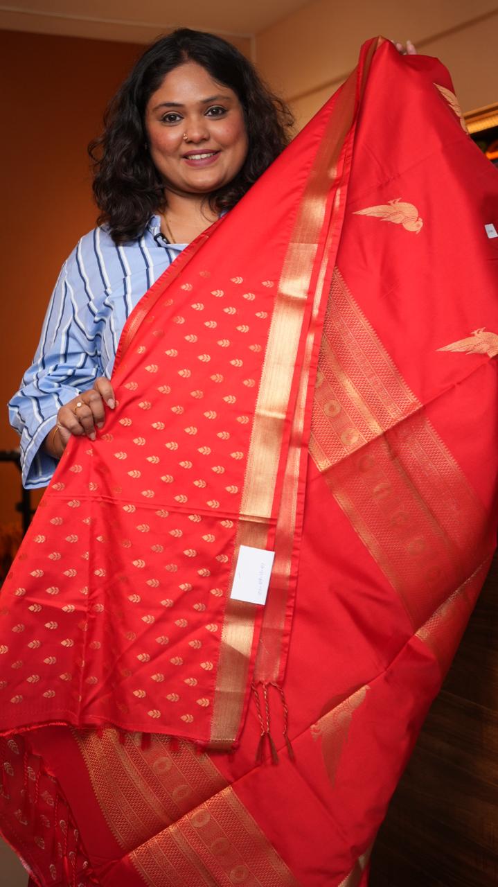 Kanchi Pattu Inspired Semi Silk Saree -01-09-11-01 (SCARLET GLOW)