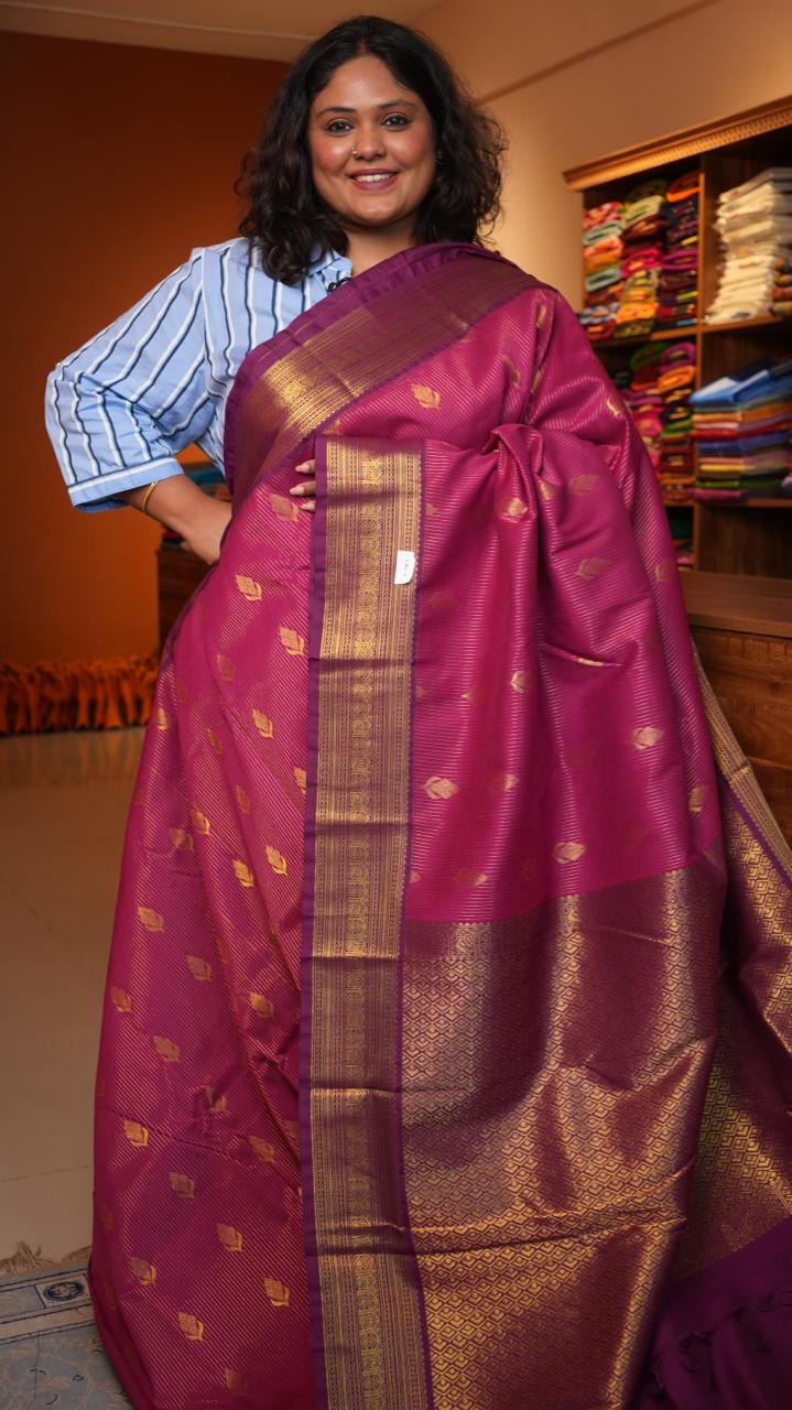 Kanchi Semi Silk Stripes Saree - 01-09-09-05 (ROSEFINCH)