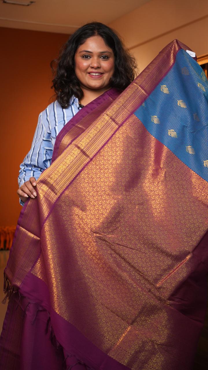 Kanchi Semi Silk Stripes Saree - 01-09-09-03 (KINGFISHER)