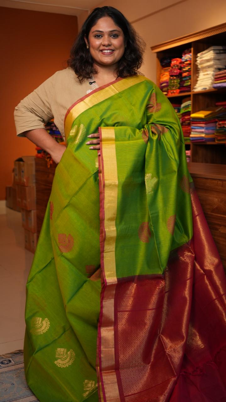 Kora Silk Cotton Saree -04-08-07-01 (LIME BERRY)