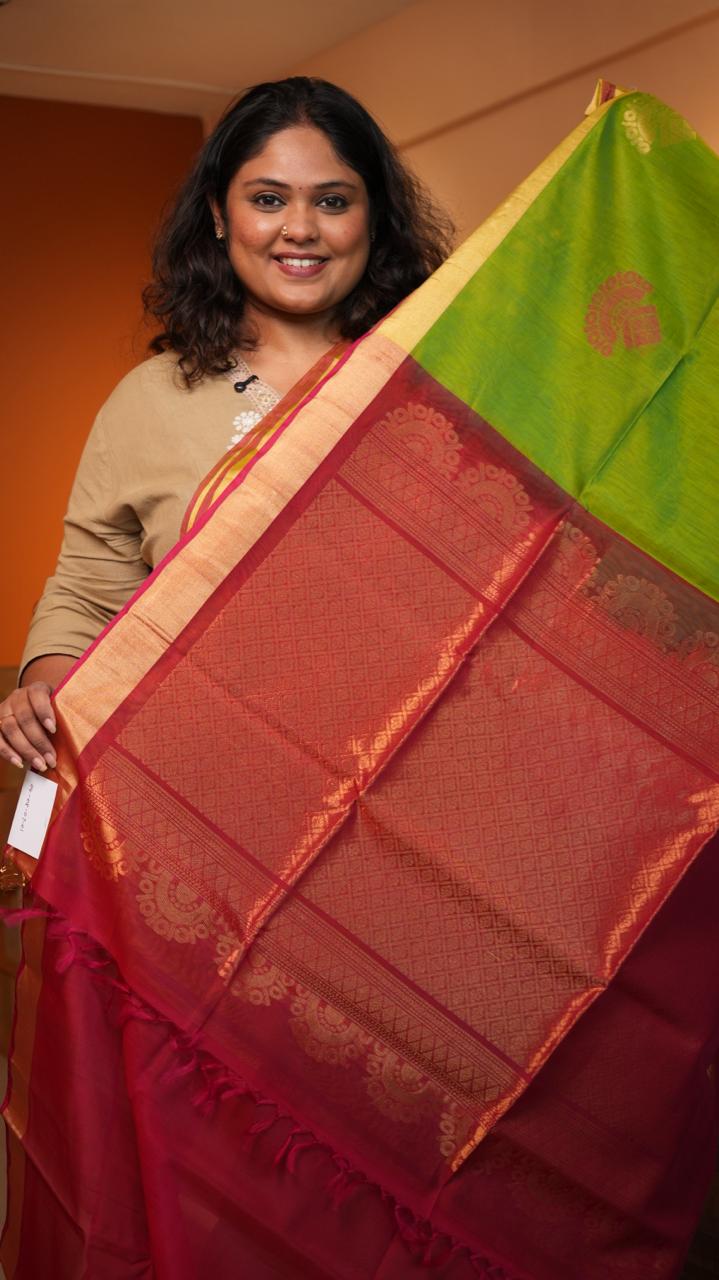 Kora Silk Cotton Saree -04-08-07-01 (LIME BERRY)