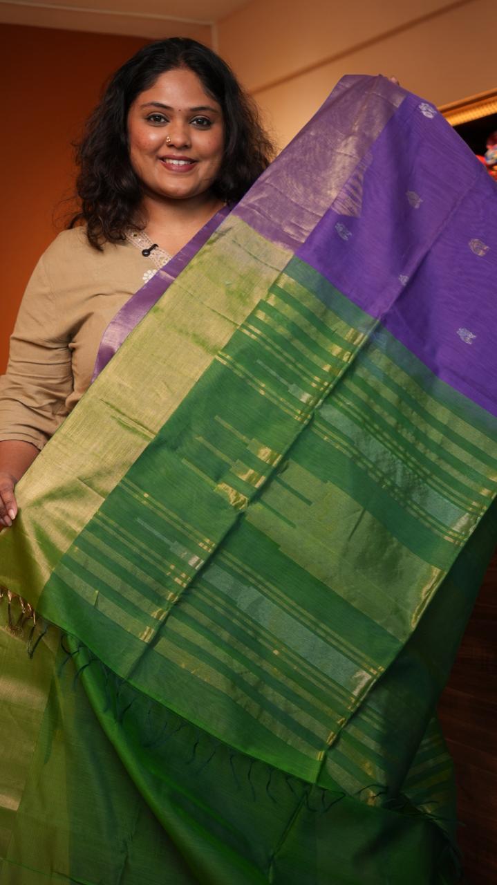 Kora Silk Cotton Saree -04-07-02-01 (VIOLET MOSS)