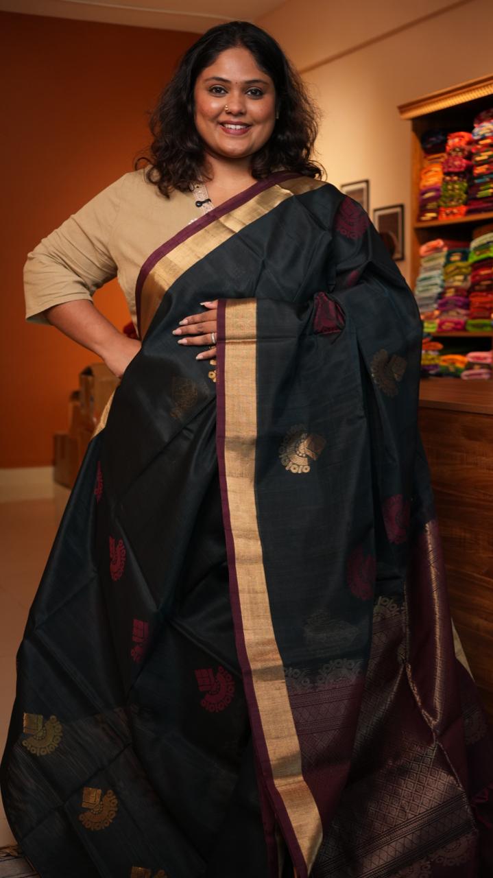 Kora Silk Cotton Saree -04-08-07-02 (MIDNIGHT MERLOT)